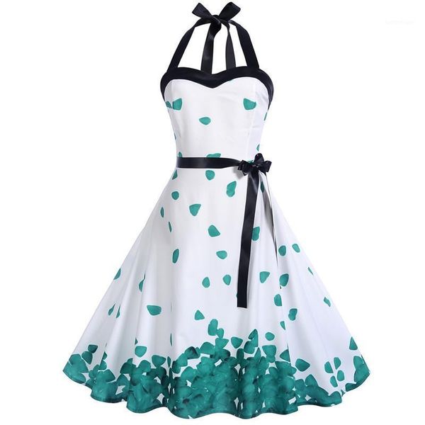 

casual dresses robe femme summer dress 2021 fashion floral print halter vintage 50s 60s retro women party rockabilly sundress1, Black;gray