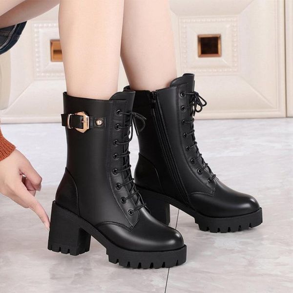 

boots winter women's shoes high-heeled thick plush ladies lace-up leather female platform metal buckle woman non-slip, Black