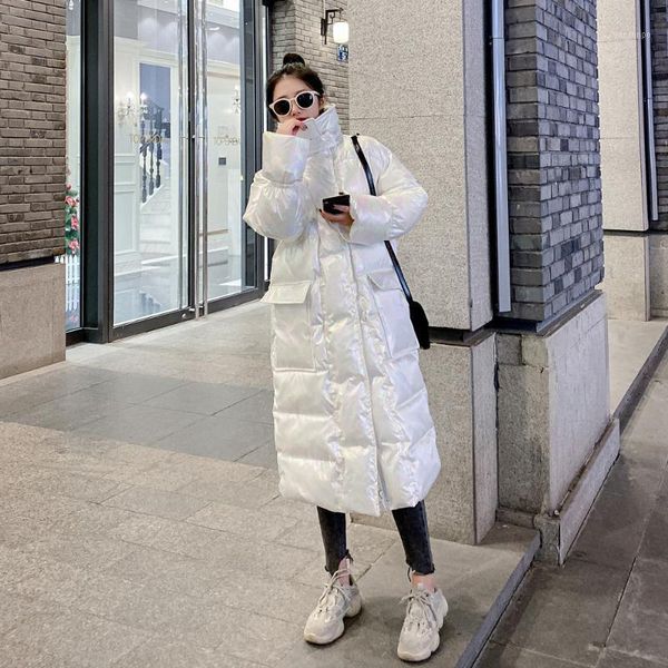 

fashion white glossy down cotton jacket ladies winter jackets 2020 long thick warm padded jacket women parka loose outwear h4581, Black