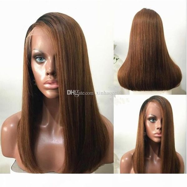 

ombre 1b 30# color brazilian side part human hair full lace wig silky straight two tone lace front wig glueless wigs, Black;brown