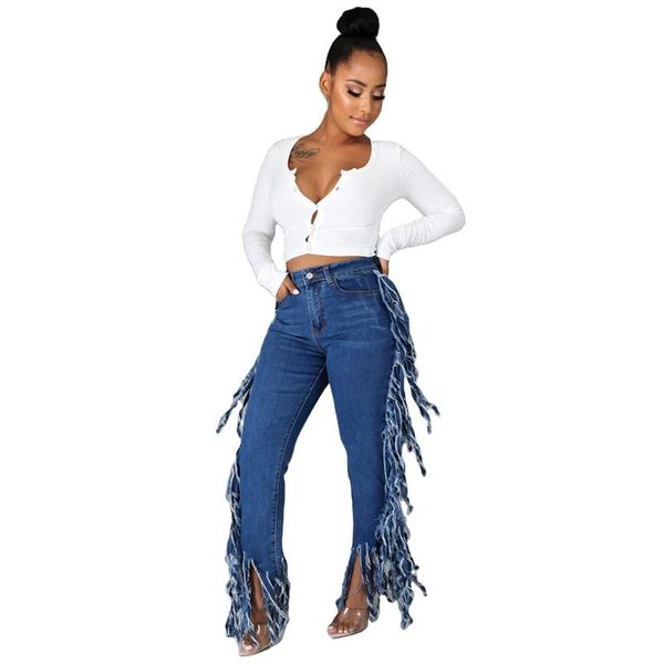 

double side tassels patchwork casual denim pant women high waist zipper washes long trouser casual split hem pencil bottoms, Blue