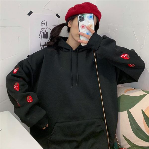 

oversized harajuku strawberry embroidery lavender pink sweatshirt autumn winter women kawaii loose long sleeves hoodies, Black