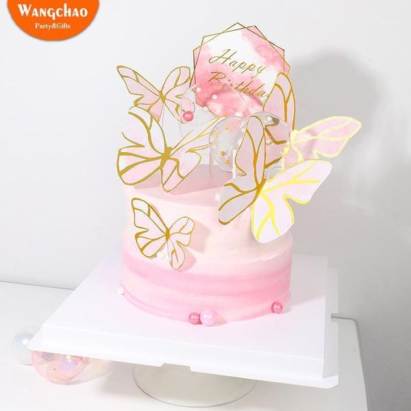 

1 set creative pink painted butterfly theme happy birthday cake er baby shower princess kids favors party supplies candy bar1