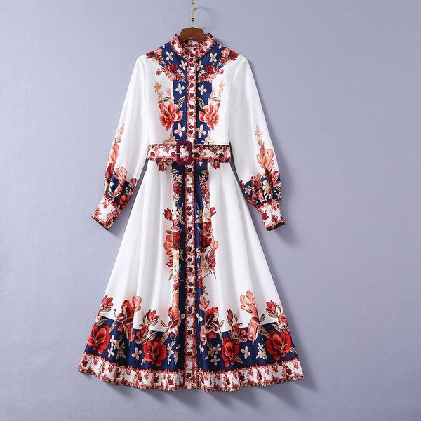 

1112 2020 autumn a line long sleeve crew neck dress prom fashion flora print panelled brand same style sh, Black