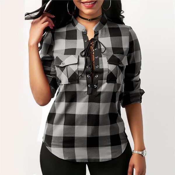 

women plaid shirts lace up shirt tunic casual plus size 5xl blusas 2020 spring long sleeve blouses shirt office lady cotton, White