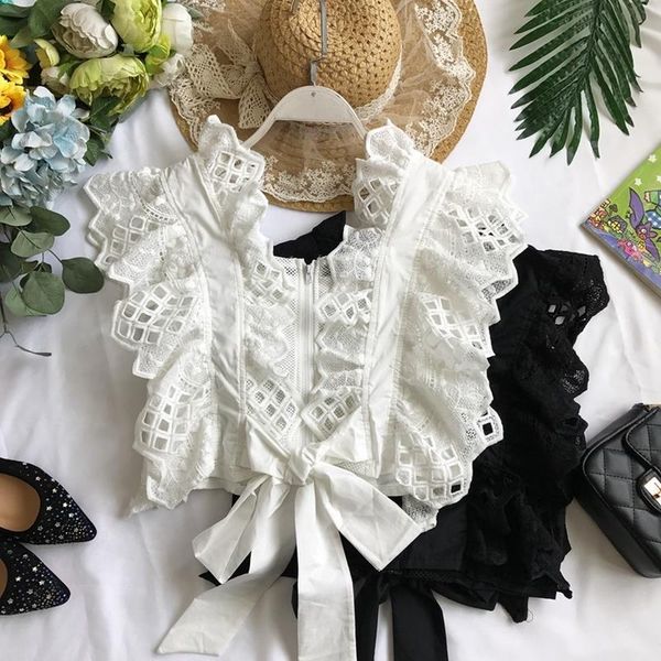 

women v neck lace hook flowers openwork ruffled vest shirts high waist lace up pleated blouses bowtie crop camisas, White
