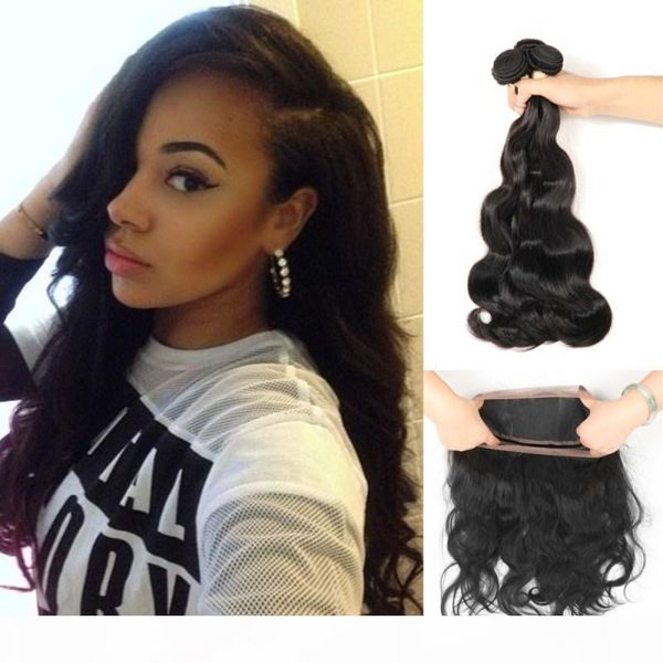 

pre plucked 3 bundels with 360 lace frontal closure with baby hair peruvian body wave closure part non remy human hair bundles, Black