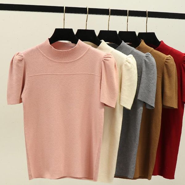 

2021 summer knitted spring puff short sleeeve pullover women high elasticity solid t shirt tee shirt femme tshirt knitwear, White