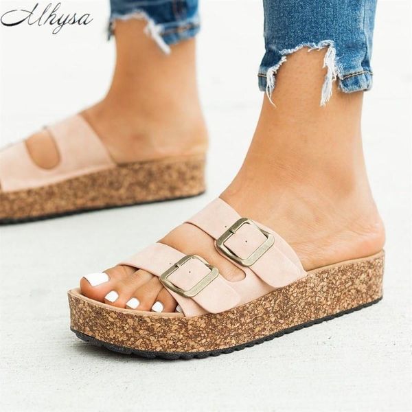 

slippers 2021 women shoes summer wedge sandals chunky platform fashion open toe buckle pu thick sole d10971, Black