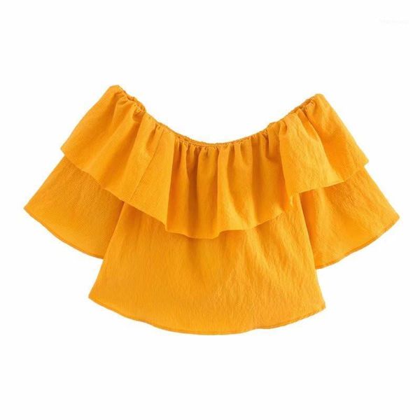 

2020 cropped ruffle women sleeveless wide neck summer shirt casual streetwear yellow blouse chic short woman shirts1, White