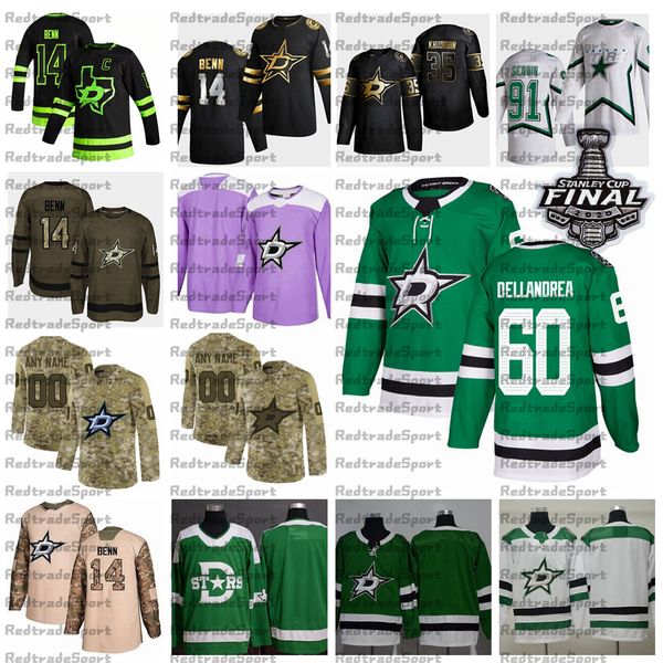 

2021 reverse retro customize #60 ty dellandrea dallas stars hockey jersey stanley cup golden edition camo veterans day fights cancer shirt, Black;red