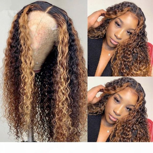 

curly human hair wigs highlight ombre hair wig #4 27 deep wave lace front human hair wigs for black women remy 180%, Black;brown