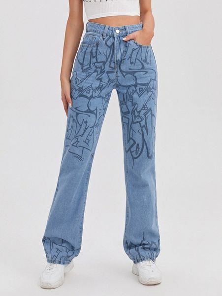 

high waist graphic print jeans 77bc#, Blue
