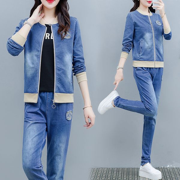 

yiciya denim casual women's spring autumn fashion zipper coat and long jeans fashionable large size loose sportswear suit, Blue