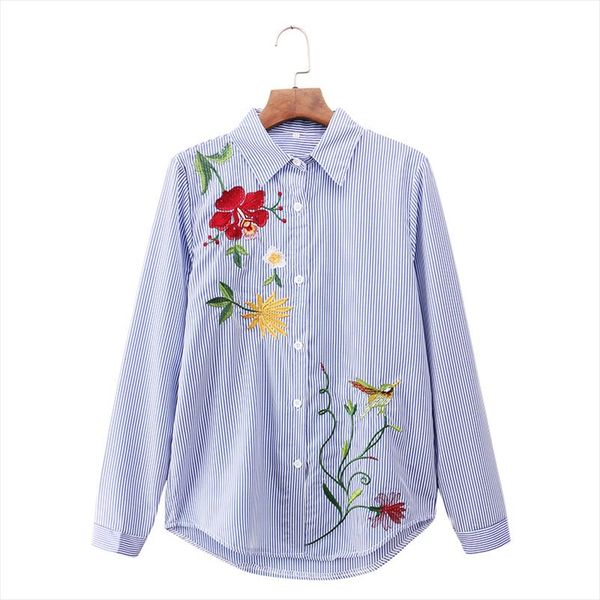 

mikialong floral embroidery blouse women striped long sleeve blouses autumn shirt women ladies office camisas mujer, White