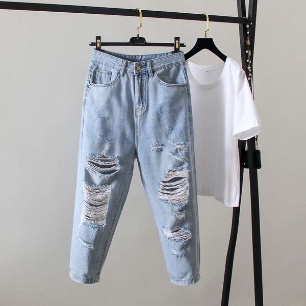 

oversized women's torn jeans 2020 fat sister 200kg loose skinny capris, Black;gray