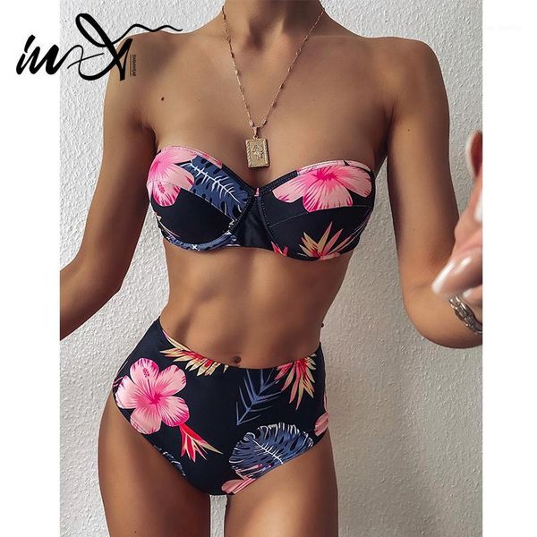 

women's swimwear in-x floral print swimsuit women bandeau bikini 2021 push up female underwire bathing suit 2 pieces 1, White;black
