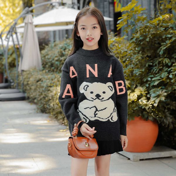 

korean girls' pullover casual loose bottomed bear crew neck children's sweater, Blue