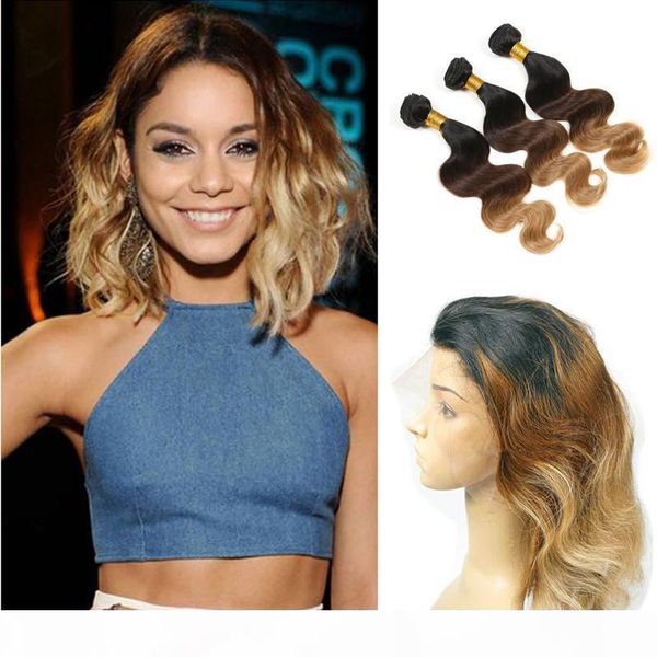 

three tone 1b 4 27 honey blonde human hair with 360 full lace frontals body wave peruvian virgin hair ombre hair bundles, Black;brown