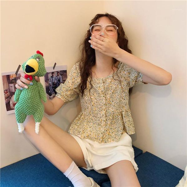 

fashion floral crop shirt women casual chiffon short sleeve blouse woman clothes ruffles hem slash neck shirts female summer1, White