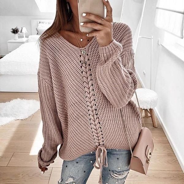 

women v neck sweaters lace up knitted long sleeve solid stitching loose casual sweater autumn winter, White;black