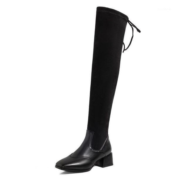 

boots thick heel square toe pu stitching flock over-the-knee comfortable and warm long-tube women's socks shoes1, Black