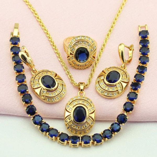 

wpaitkys oval blue cubic zirconia gold color jewelry sets for women turkish jewelry earrings pendant ring bracelet gift box, Silver