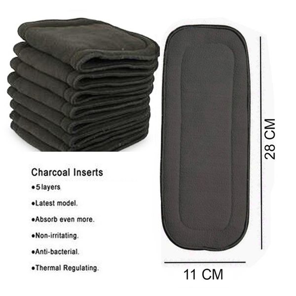 

10pcs newborn bamboo charcoal absorbents inserts 11x28cm reusable liners for pocket cloth diapers 5-layers black charcoal liner 201209