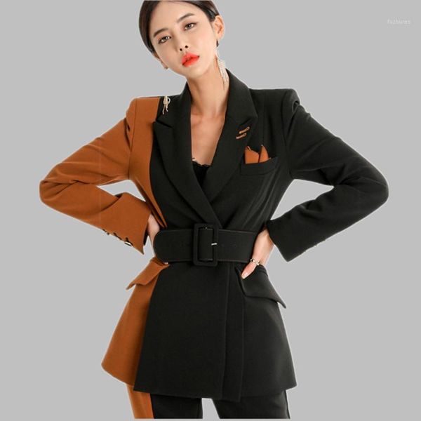 

2020 spring elegant color splicing color women blazer set fashion double-breasted sashes jacket+slim long pant suit 2 pieces set1, White;black
