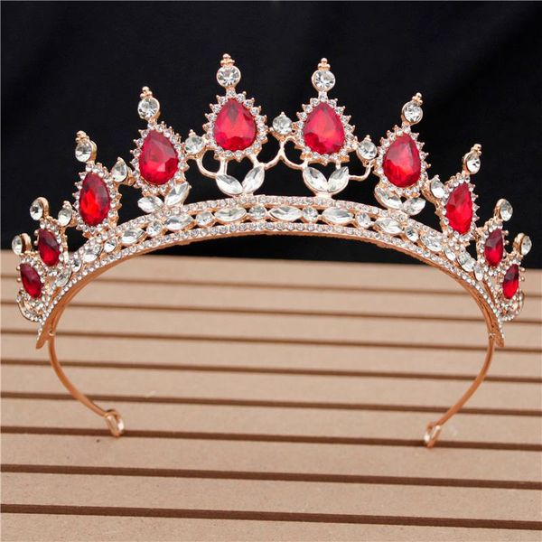 

vintage red crystal bride crown flower headband bridal tiaras and crowns for queen prom wedding hair jewelry head accessories, Golden;silver
