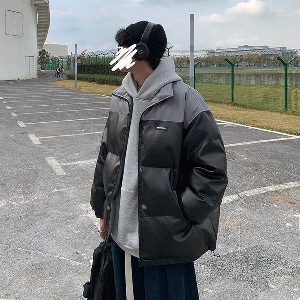 

winter thick leather jacket men warm fashion parka men contrast color casual lapel coat man streetwear loose leather coat male1, Black