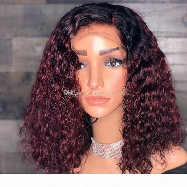 

pre plucked ombre #1bt99j burgundy kinky curly glueless full lace wig with baby hair size part 99j lace front wigs, Black;brown