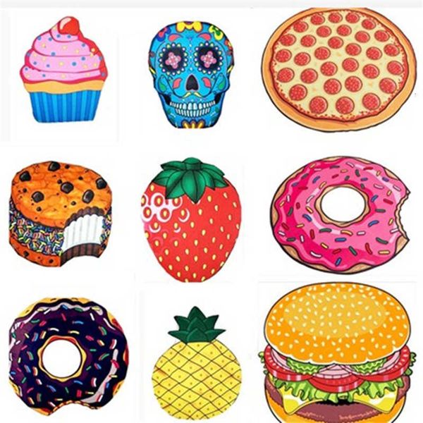 

round beach towels hamburger pizza donuts strawberry quick drying outdoor sports pads swimming camping bath yoga mat blanket shawl swimwear