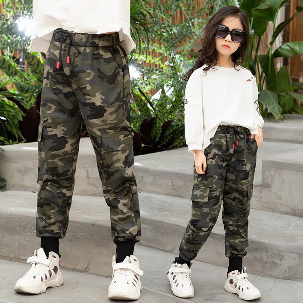 

ins girls long pants 4-13 years old cotton spring and autumn casual printed camouflage pants cargo pants for kids lj200812, Blue
