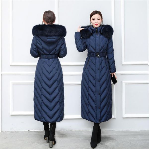 

s-4xl winter size on knee x-long 90% duck down coats plus thicker female jackets real skin with hood parkas f419, Black