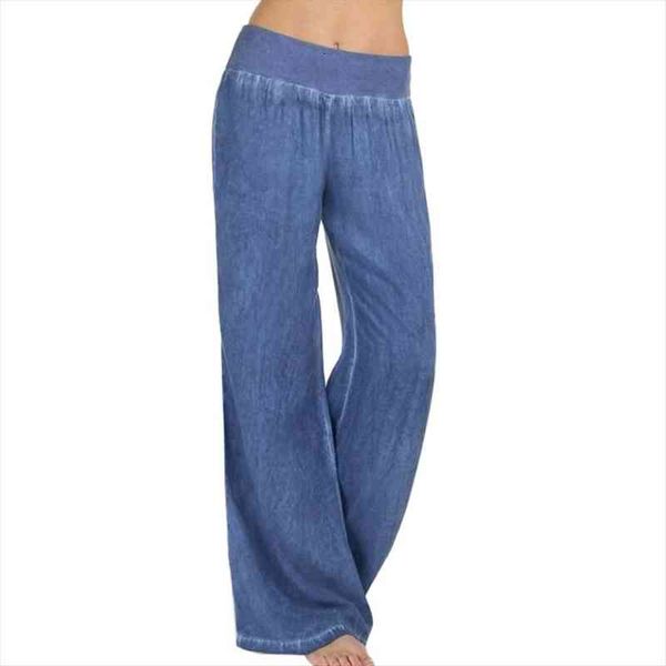 

plus size s-5xl comfortable loose wide leg imitation denim pants womens jeans imitation elastic waist full long trousers pants, Blue