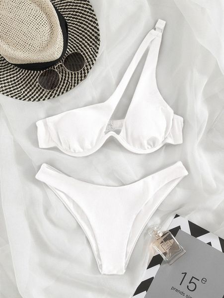 

rib underwire one shoulder bikini swimsuit l88b#, White;black