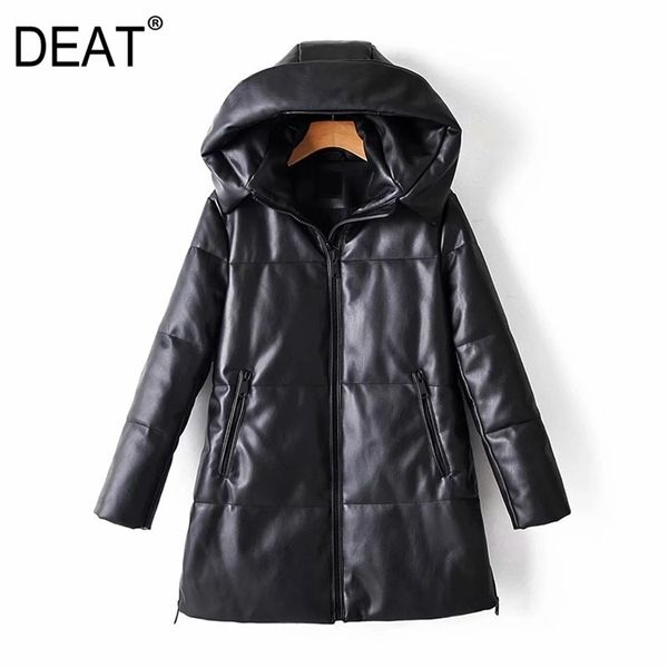 

[deat] loose fit leather brief warm woolen coat parkas new hooded long sleeve women fashion tide autumn winter 13u081 201214, Black