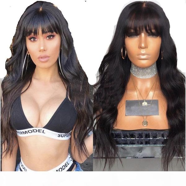 

360 lace frontal wigs with bangs pre-plucked virgin brazilian human hair lace front wigs with bangs for woman body wavy lace wigs, Black;brown