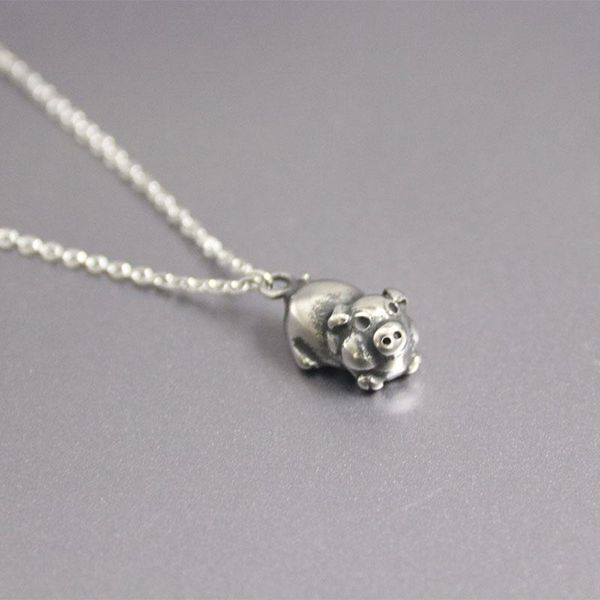 

1pc vintage 3d pig stainless steel custom necklace chinese culture animal zodiac necklace men women memorial jewelry, Silver