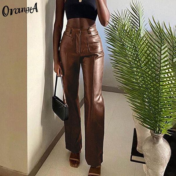 

orangea y2k fashion women autumn faux leather straight pants luxurious vintage leisure pu loose office lady slim design trousers, Black;white