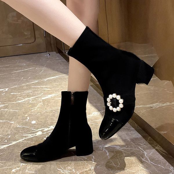 

women pearl booties black flock fashion ankle boots bead ladies dress shoes square mid heels 2020 winter 35-41 botas mujer 8467l