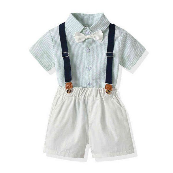 

and summer fashion boys gentleman clothing sets kids boy short sleeve bowtie shirts+suspenders shorts clothes outfits g220310, White