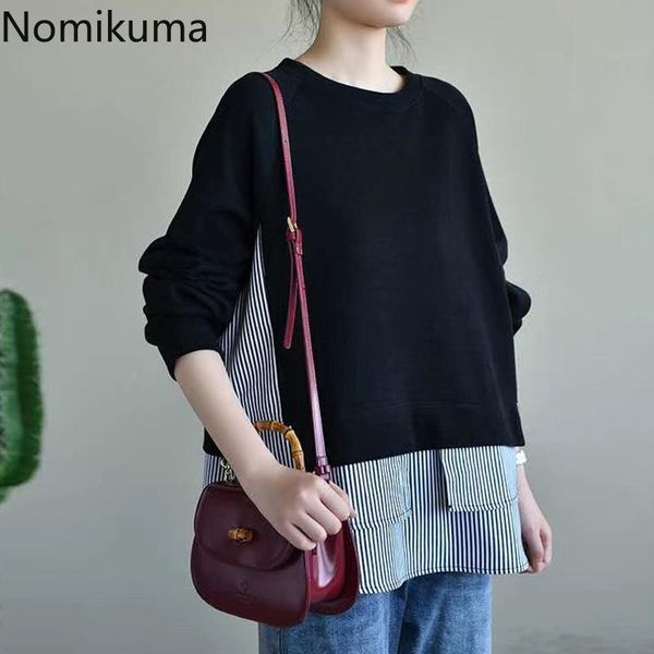 

nomikuma striped patchwork women sweatshirt korean fake two pieces pullover causal long sleeve o-neck women hoodies jumper 6d558, Black