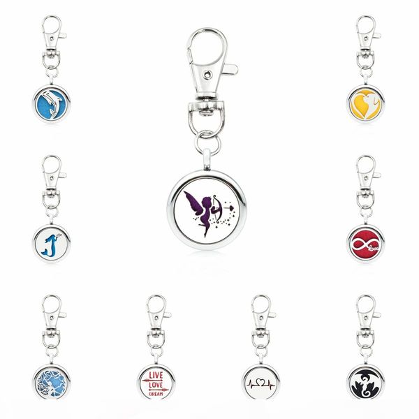 

round 25mm essential oil aroma diffuser perfume locket with lobster clasp keychain keyring with 5pcs pads color randomly, Slivery;golden