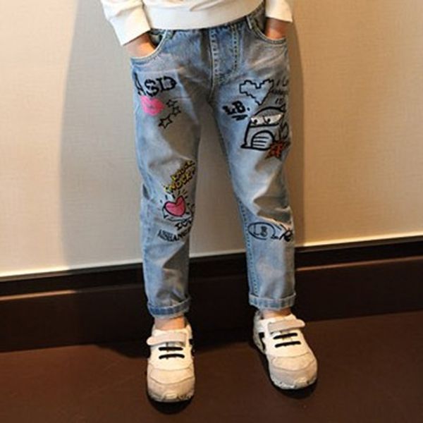 

autumn winter scrawl denim pants jeans for kids design fall trausers graffiti girls jeans y200409, Blue