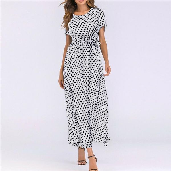 

2021 summer dress o neck short sleeve boho polka dot bandage maxi long dress beach sundress plus size vestidos, Black;gray