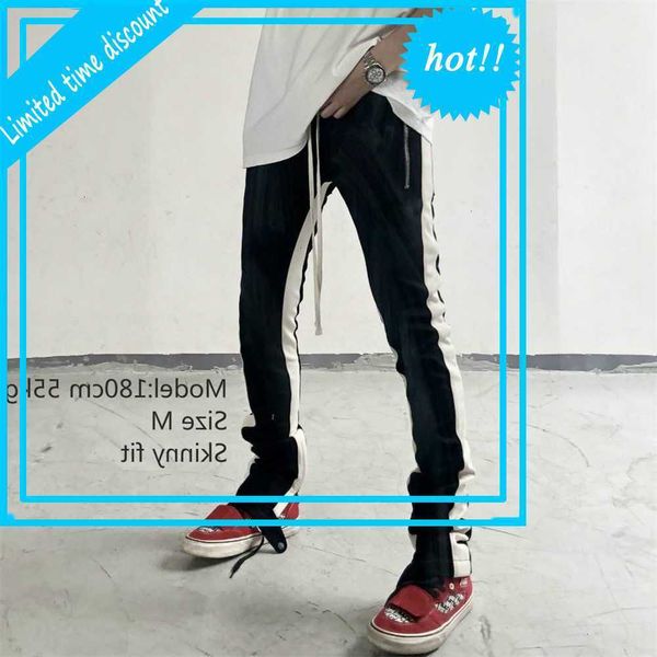 

skinny track pants snap&zipper ankles drawstring jogger streetwear, Black