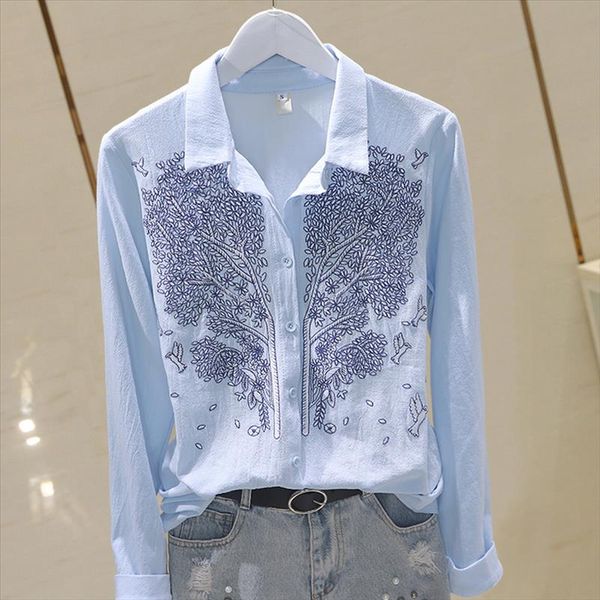

2020 office blue print cotton linen casual feminina shirts summer women and blouses spring plus size long sleeve blouse, White