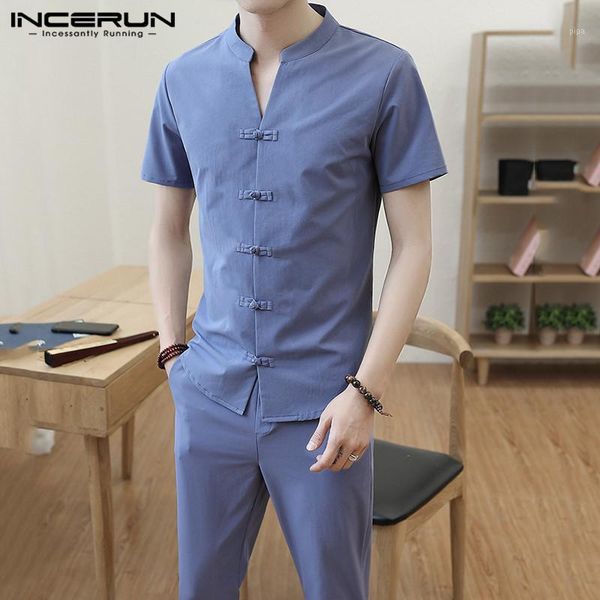 

chinese style men sets v neck solid short sleeve streetwear button vintage shirt pants cotton tang suit casual men sets incerun1, Gray